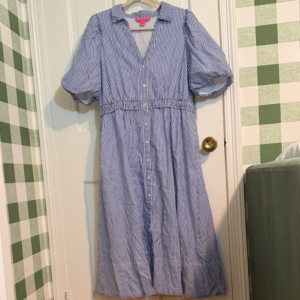 Lilly Pulitzer Tassie Puffed Sleeve Blue & White Stripe Cotton Dress Size 14